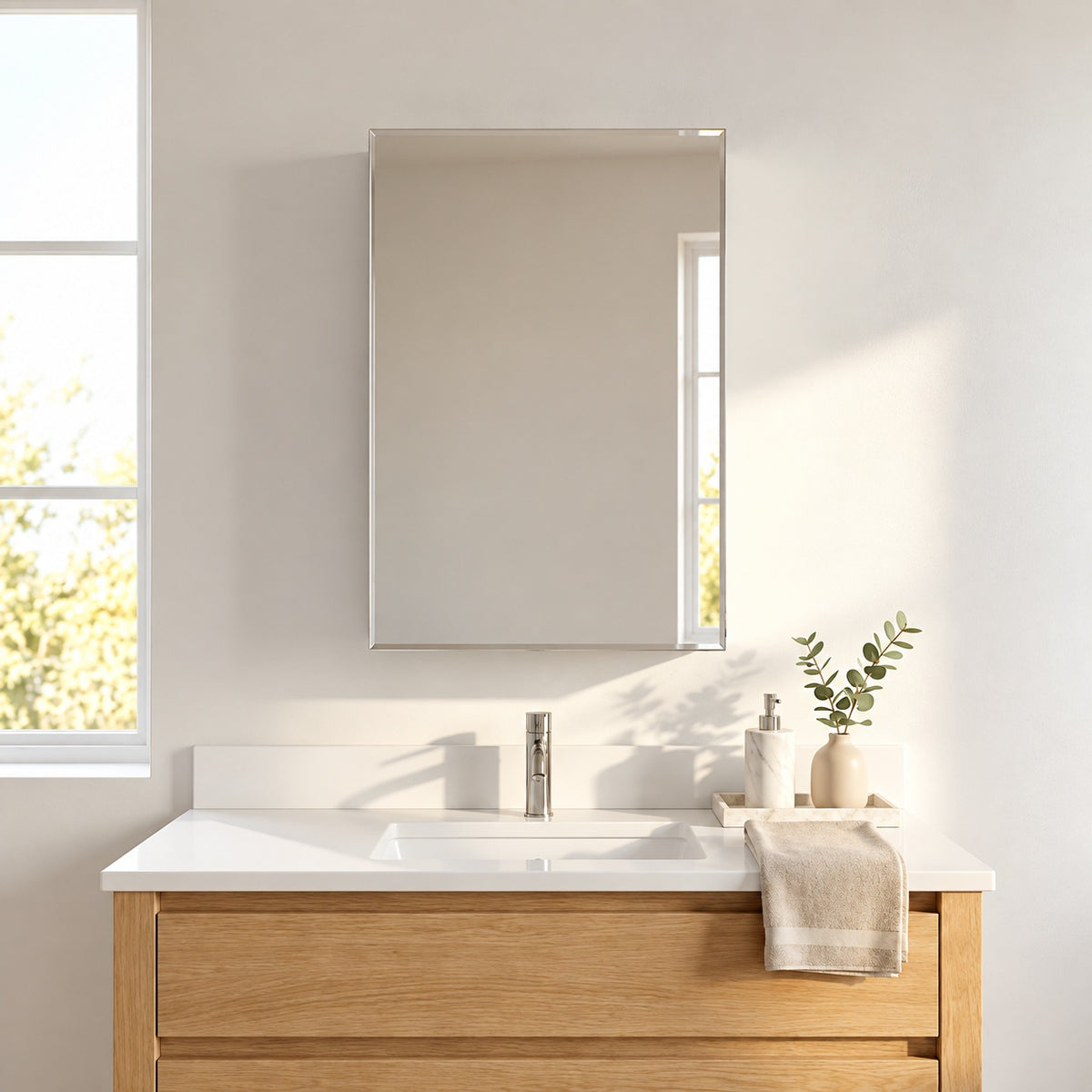 Zenna Home 24 in W x 30 in H Aluminum Frameless Beveled Mirror Medicine Cabinet