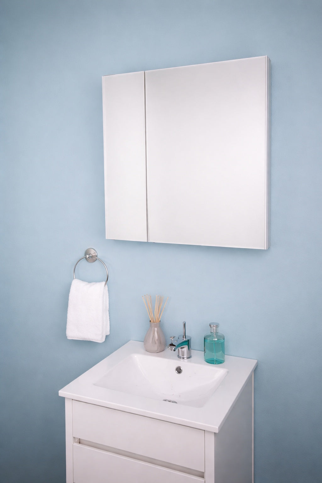 Croydex 24 in W x 24 in H x 5 in D Frameless Bi View Surface Mount Medicine Cabinet with Easy Hang System in White