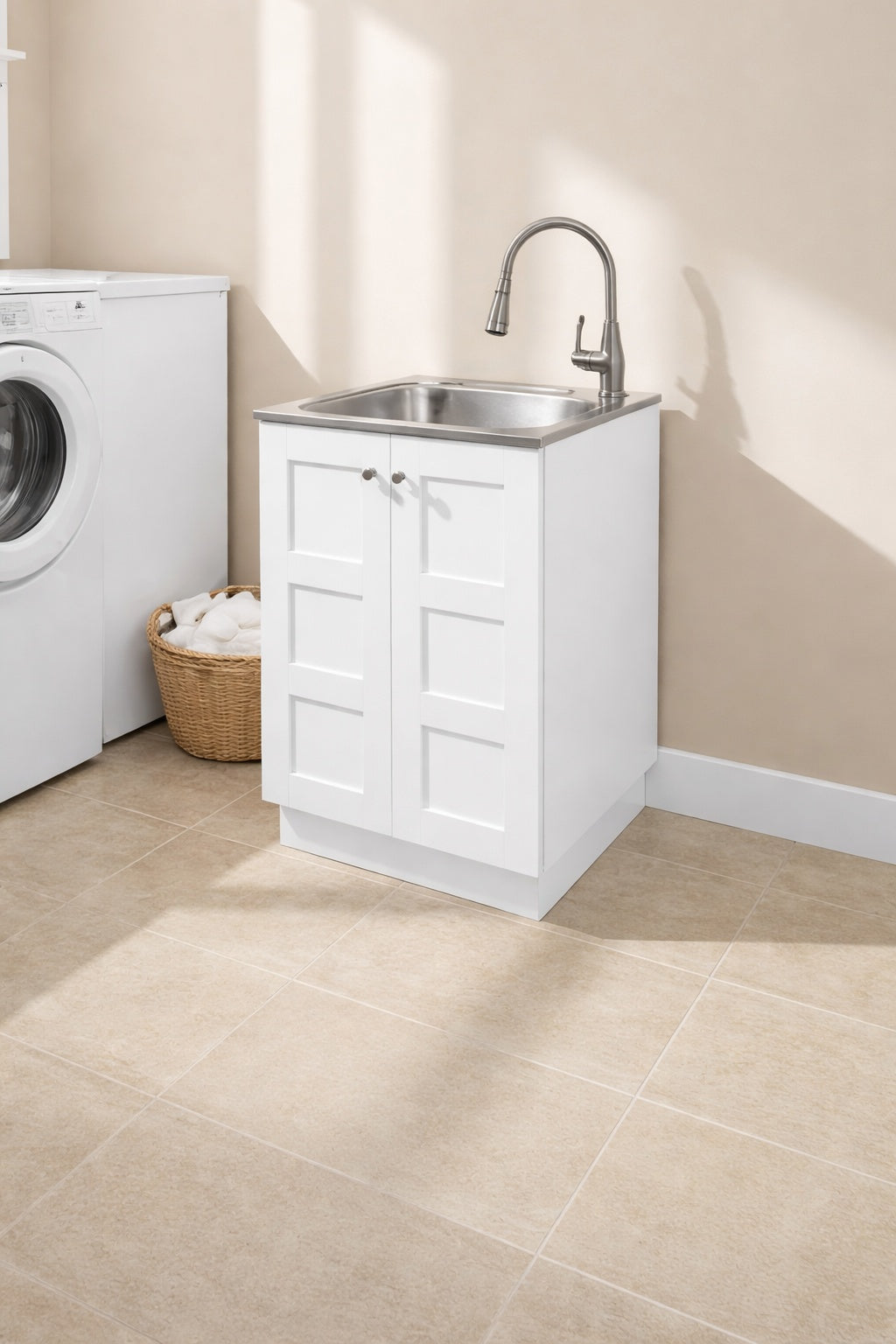 Glacier Bay 24 in W x 21 in D x 34 in L Stainless Steel Laundry Sink with Faucet and Double Doors Cabinet in White
