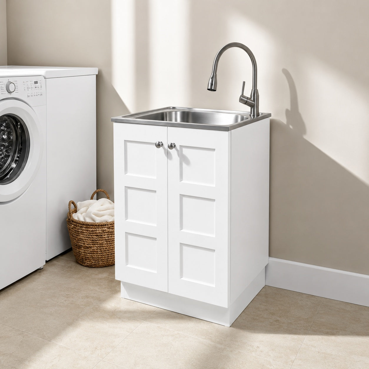 Glacier Bay 24 in W x 21 in D x 34 in L Stainless Steel Laundry Sink with Faucet and Double Doors Cabinet in White