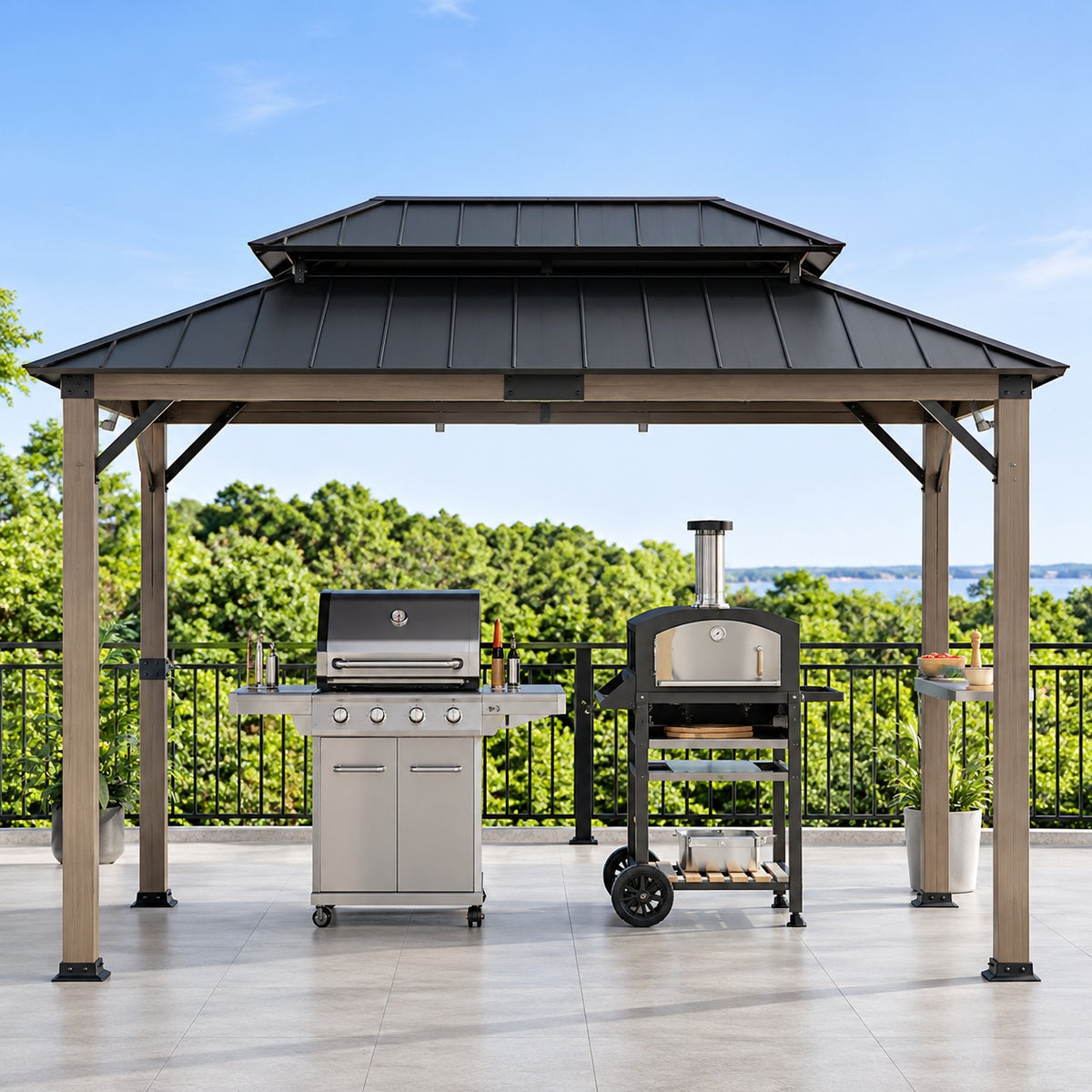 Sunjoy 8 ft x 12 ft Matte Black Churchill Cedar Framed Grill Gazebo with Exclusive AC Power Port and Cook Station for Backyard