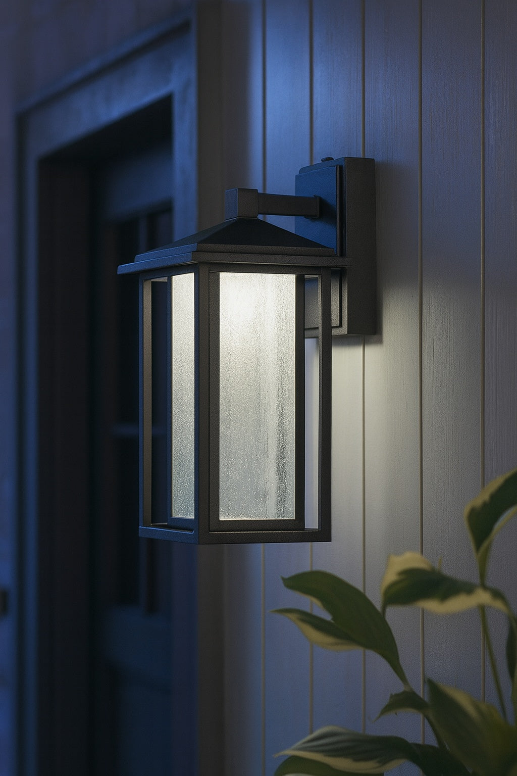 Home Decorators Collection Mauvo Canyon 15 5 in Black Dusk to Dawn LED Outdoor Wall Light Fixture Porch Sconce with Seeded Glass KB 06005 DEL