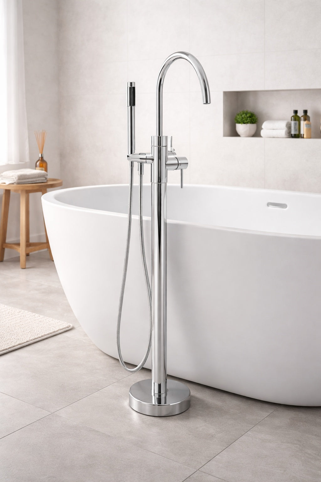 AKDY 1 Handle Freestanding Floor Mount Roman Tub Faucet Bathtub Filler with Hand Shower in Chrome