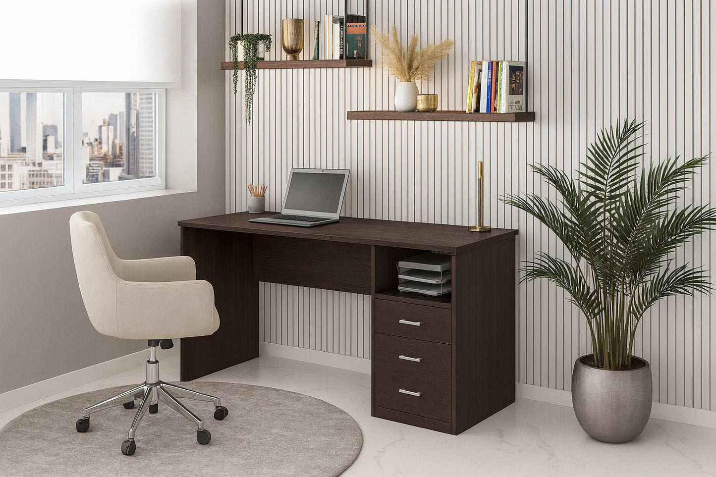 Techni Mobili 51 25 In Rectangular Wenge 3 Drawer Computer Desk With Built In Storage