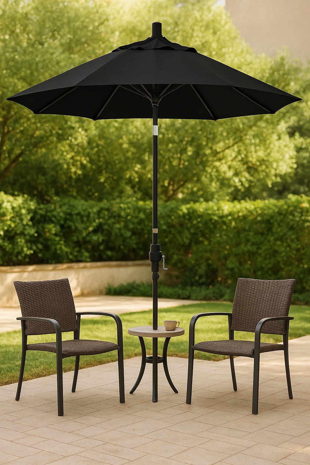California Umbrella 9 ft Matted Black Aluminum Market Patio Umbrella with Fiberglass Ribs Collar Tilt Crank Lift in Granite Sunbrella