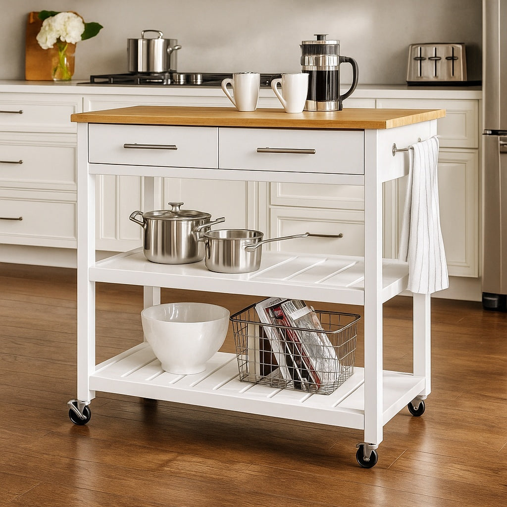 StyleWell Glenville Cream White Rolling Kitchen Cart with Butcher Block Top Double Drawer Storage and Open Shelves 36 W