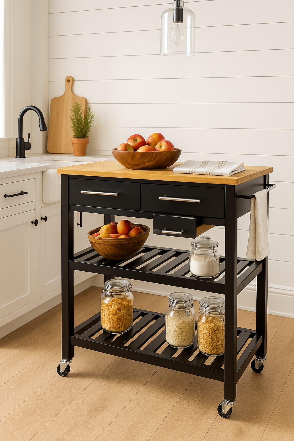 Glenville Black Rolling Kitchen Cart with Butcher Block Top, Double Drawer Storage, and Open Shelves (36" W) 6958765307770 StyleWell