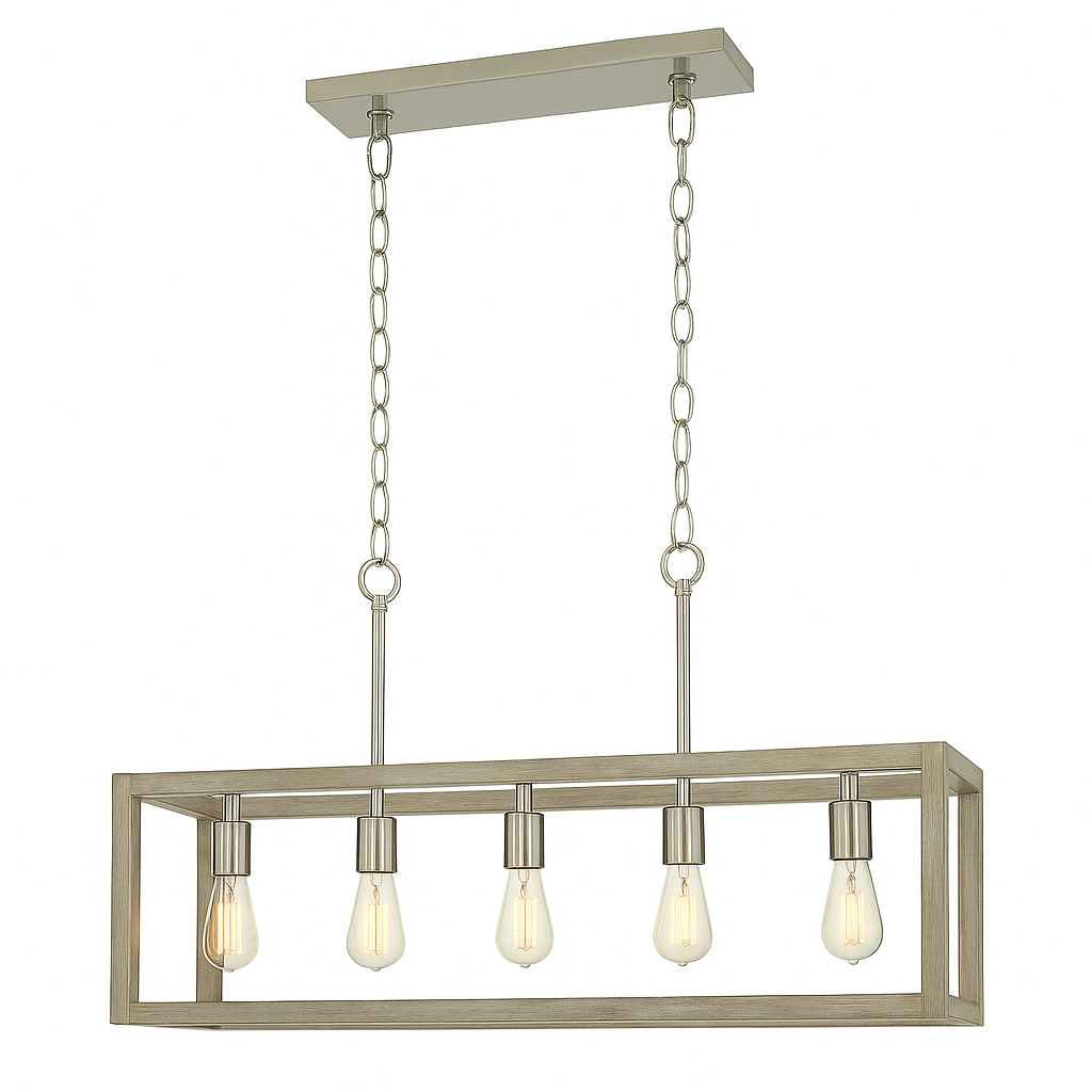Hampton Bay Boswell Quarter 34 in 5 Light Brushed Nickel Farmhouse Linear Chandelier with Weathered Wood Accents 7965HBBNDI/314967700 785247248261 Hampton Bay