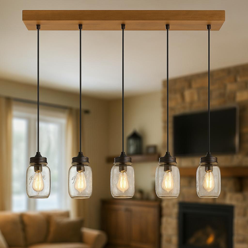 LNC Modern Farmhouse Wood DIY Island Chandelier 5 Light Industrial Dark Brown Linear Pendant Light with Mason Jar Shade A02983/305500309 811159030851 LNC