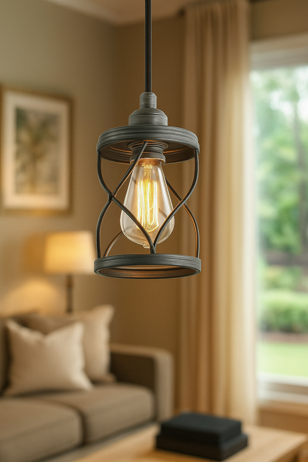 LNC Modern Farmhouse Gray Mini Pendant Light with Dark Pewter Geometric Drum Metal Wire Cage 1 Light Rustic Fixture for DIY A03475/307622914 811159032503 LNC