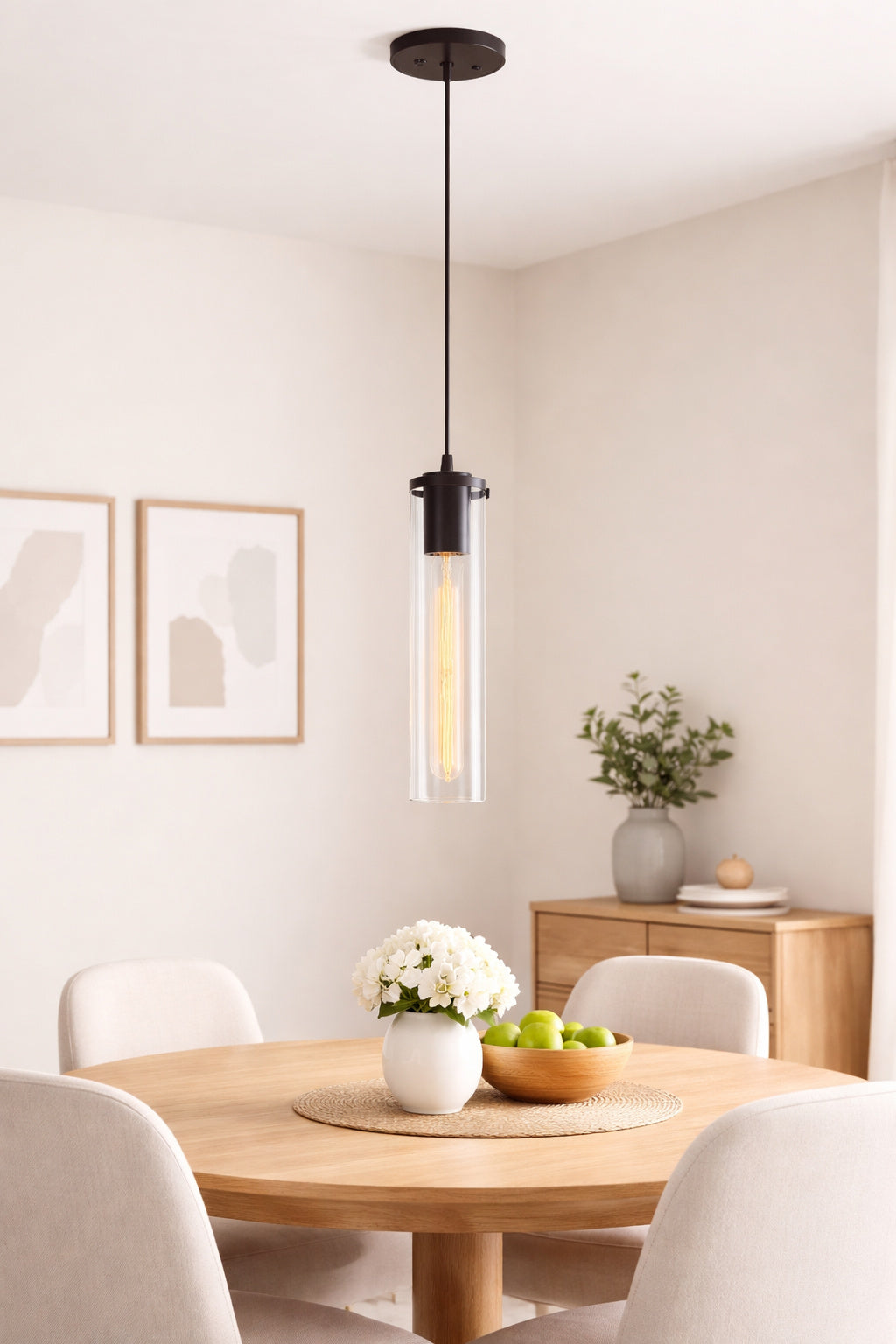 Volume Lighting Prelude 1 Light Indoor Antique Bronze Hanging Mini Pendant with Skinny Clear Glass Cylinder Shade