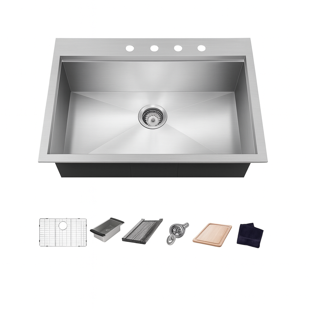 Glacier Bay Zero Radius 32 in Drop In Single Bowl 18 Gauge Stainless Steel Kitchen Sink with Accessories