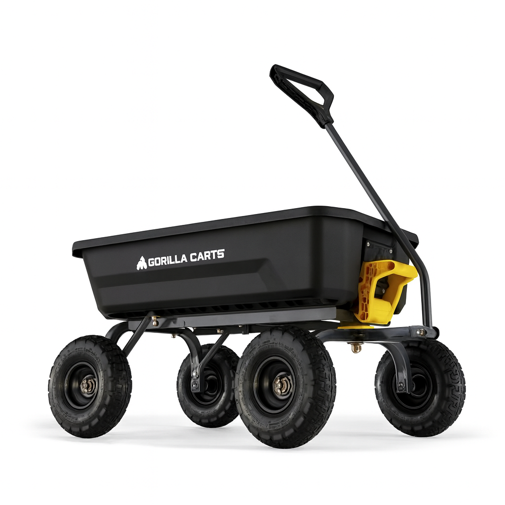 GORILLA CARTS 4 cu. ft. Patented Poly Dumping Garden Cart, 600 lbs. Capacity, 35 in. x 22 in. x 8 in. Bed, 10 in. Pneumatic Tires