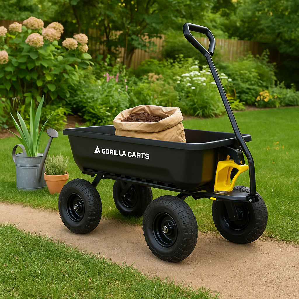 GORILLA CARTS 4 cu. ft. Patented Poly Dumping Garden Cart, 600 lbs. Capacity, 35 in. x 22 in. x 8 in. Bed, 10 in. Pneumatic Tires