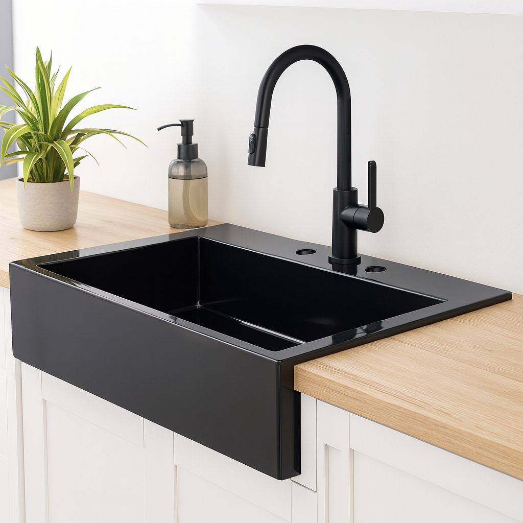 SINKOLOGY Josephine 34 in 3 Hole Quick Fit Farmhouse Apron Front Drop in Single Bowl Matte Black Fireclay Kitchen Sink