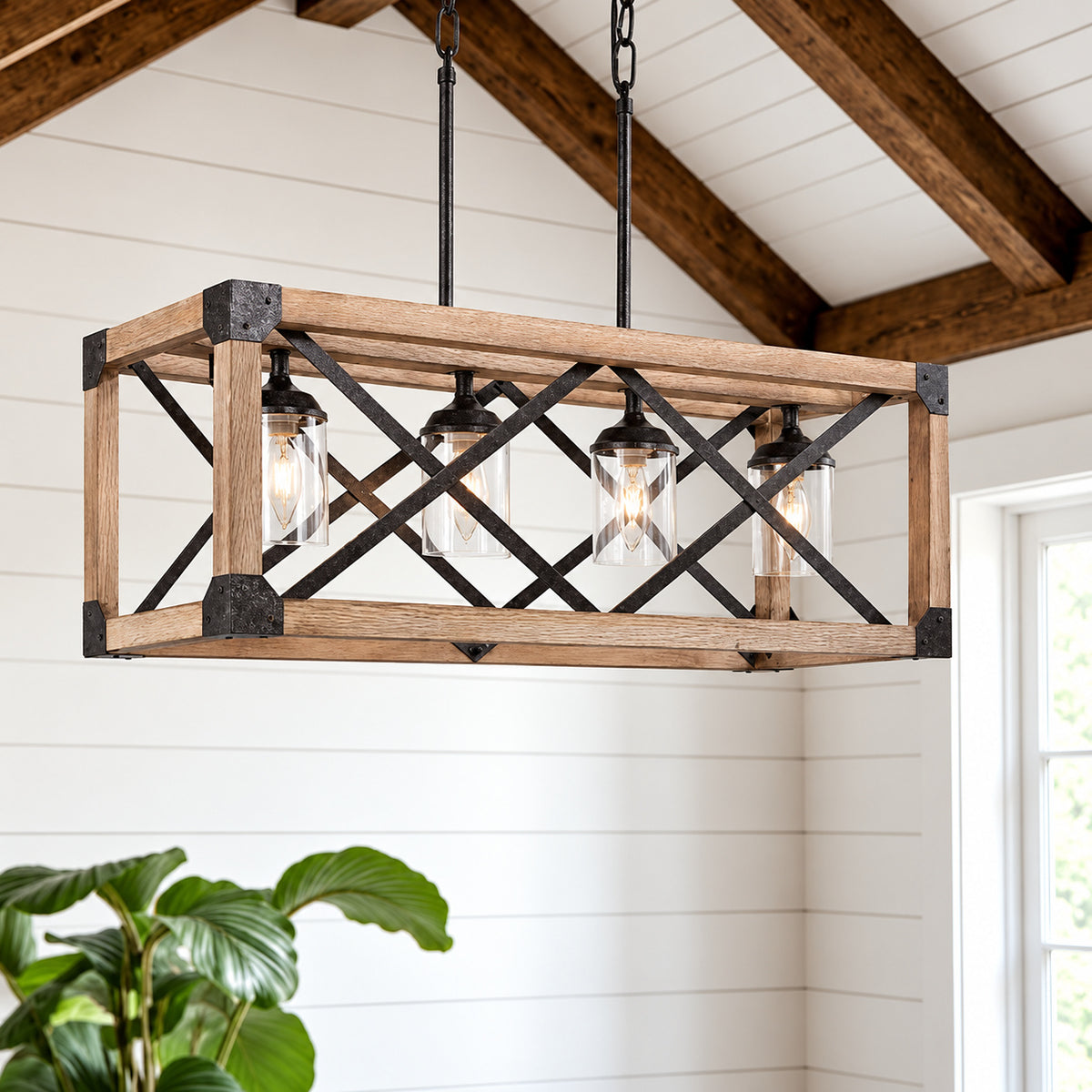 LNC Farmhouse Wood Island Chandelier Distressed Black Hanging Ceiling Light 4 Light Modern Pendant with Clear Glass Shades UUNMMMHD13685G7