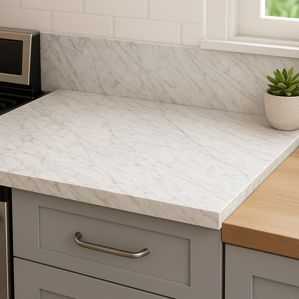 Hampton Bay 8 ft. Left Miter Laminate Countertop All-Inclusive Kit in Textured White Ice Granite with Eased Edge & Loose Backsplash