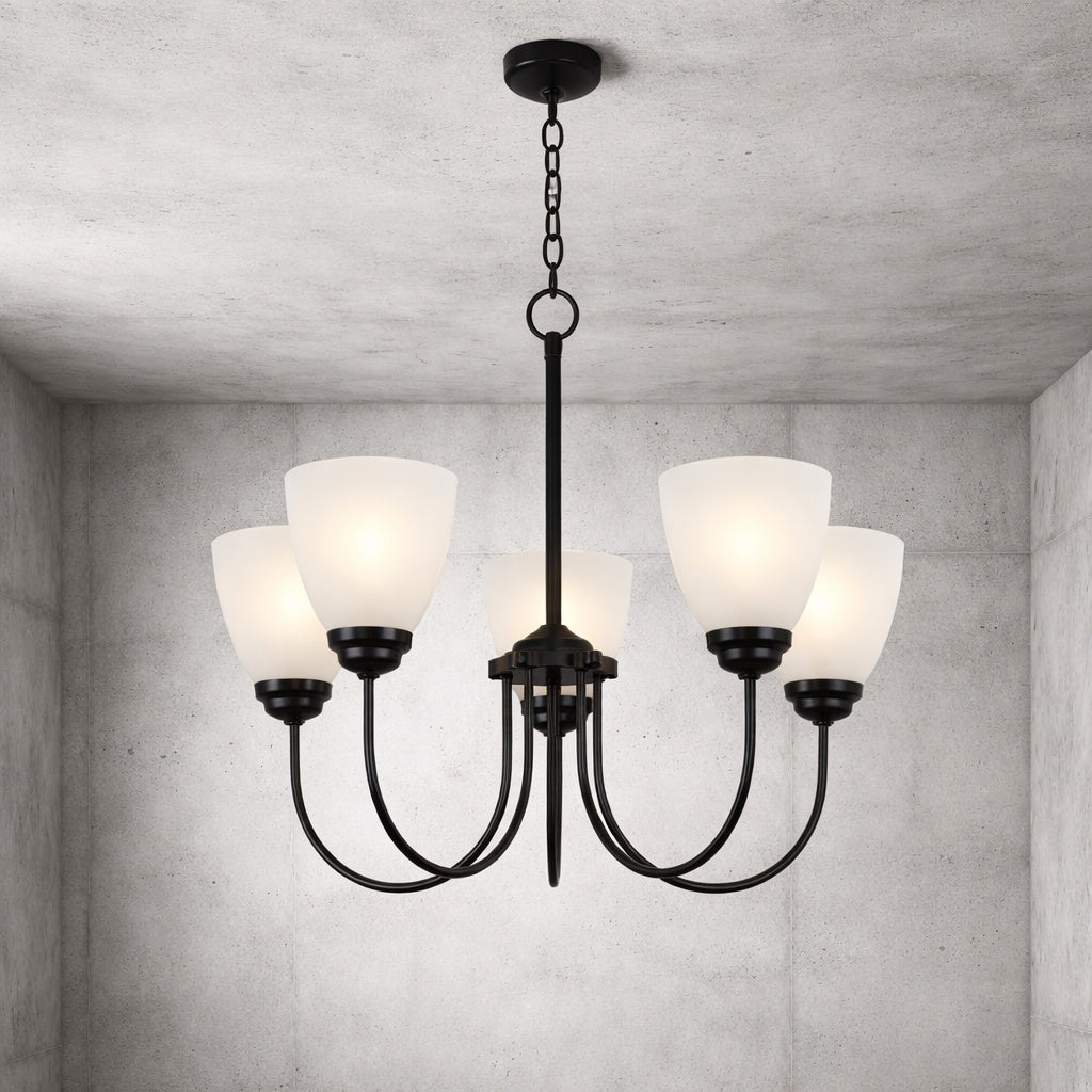 KICHLER Jolie 5 Light Olde Bronze Transitional Dining Room Chandelier with White Etched Glass Shade