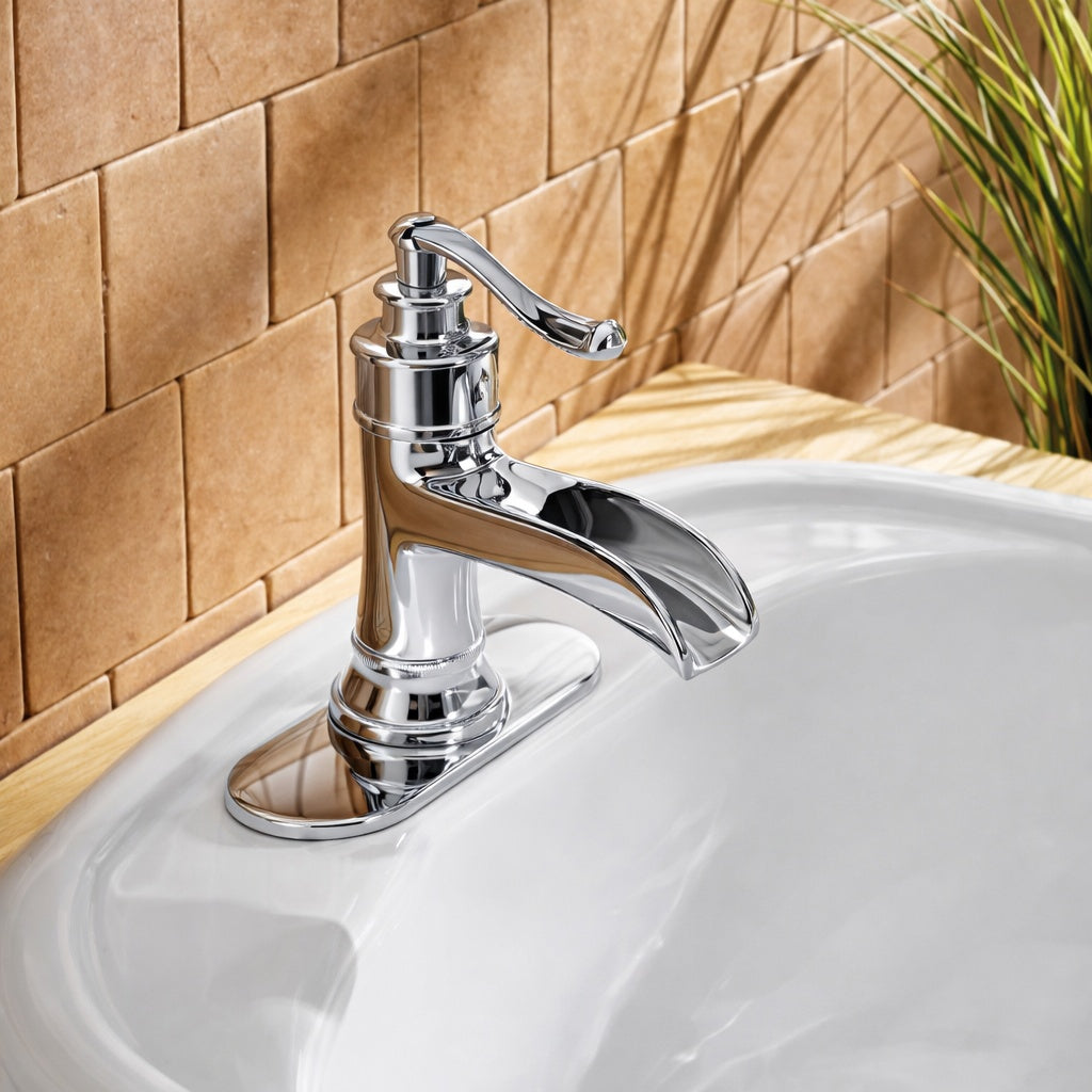 BWE Waterfall Single Hole Single Handle Low Arc Bathroom Faucet With Pop up Drain Assembly in Polished Chrome