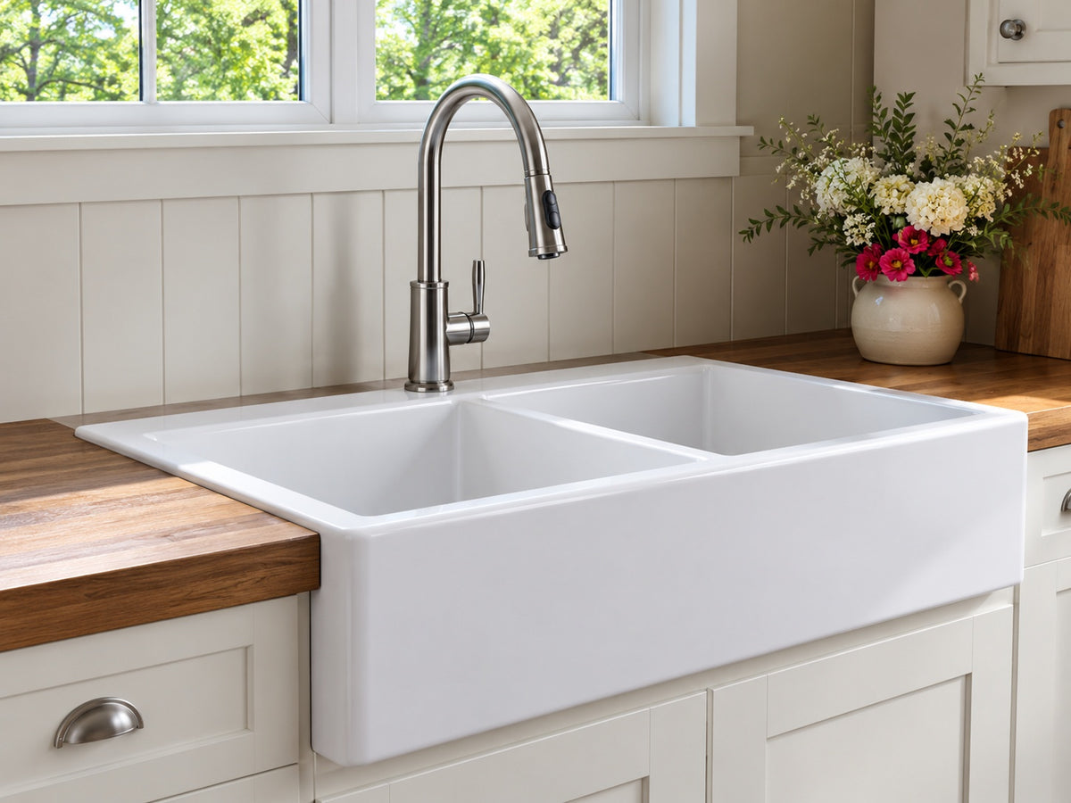 SINKOLOGY Parker 34 in 3 Hole Quick Fit Farmhouse Apron Front Drop In Double Bowl Crisp White Fireclay Kitchen Sink SK453 34FC