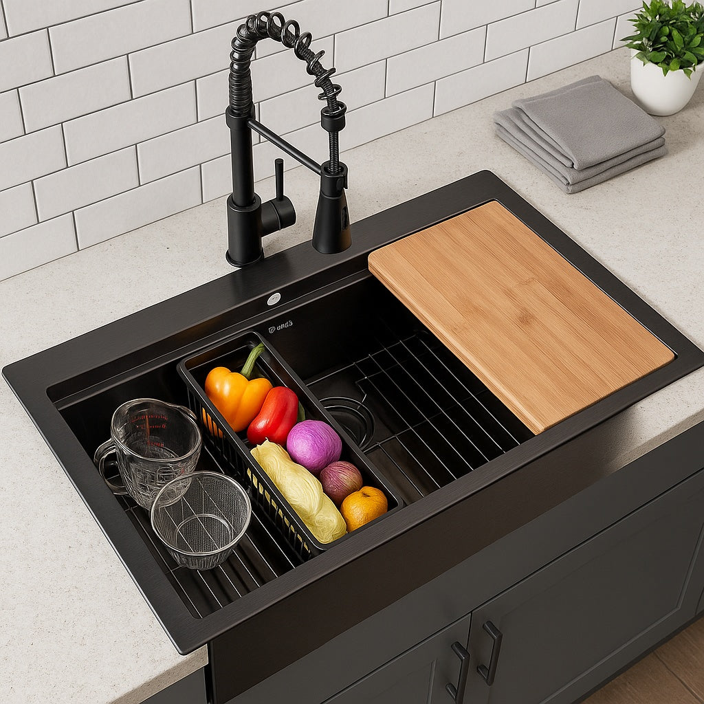 AKDY All-in-One Matte Black Finished Stainless Steel 33 in. x 22 in. Single Bowl Drop-in Kitchen Sink with Spring Neck Faucet