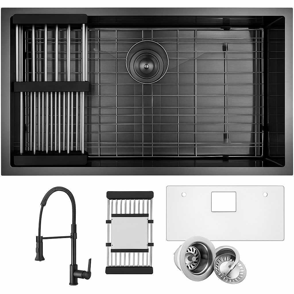 AKDY All in One Matte Black Finished Stainless Steel 32 in x 19 in Undermount Single Bowl Kitchen Sink with Faucet