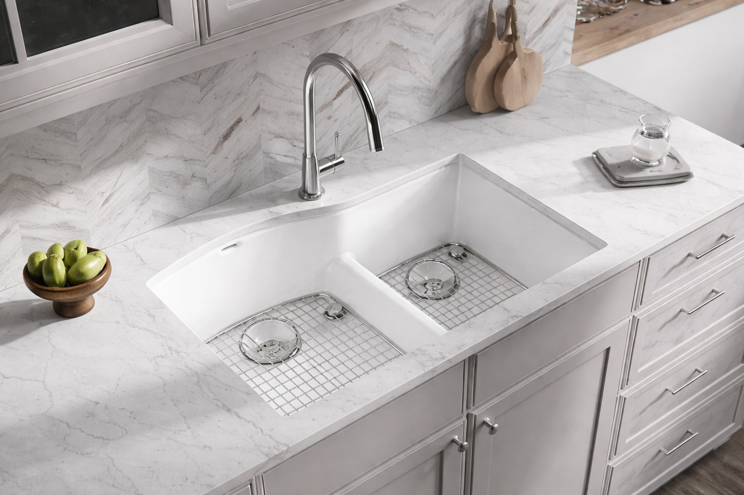 Elkay Quartz Classic White Quartz 33 in 60 40 Double Bowl Undermount Kitchen Sink with Bottom Grid and Drain