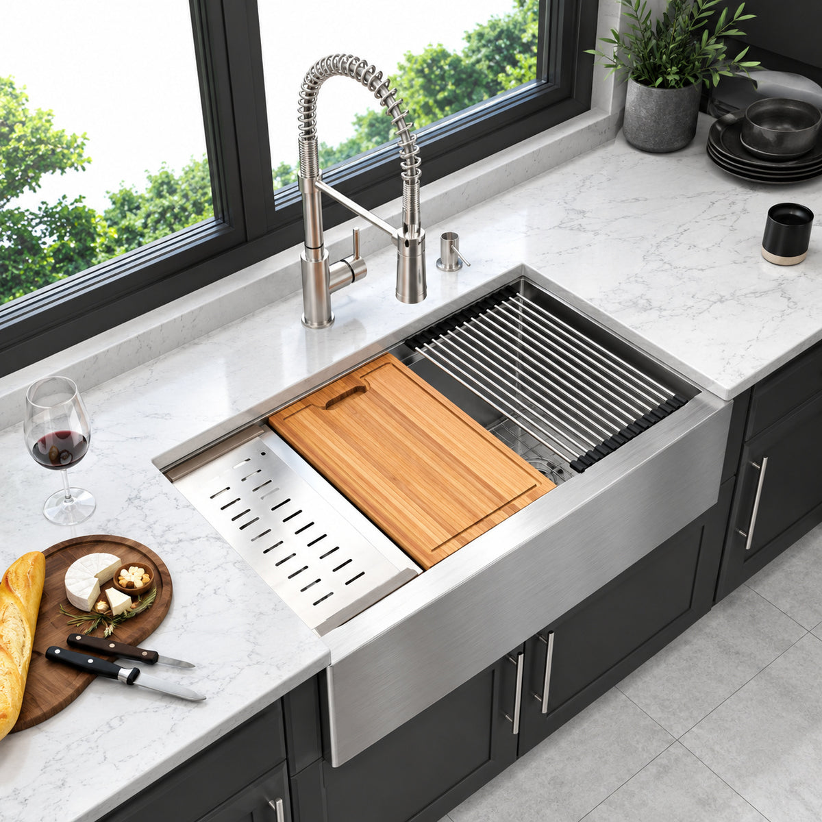 Nivencai 36 in Farmhouse Apron Front Single Bowl 16 Gauge Brushed Nickel Stainless Steel Kitchen Sink with Accessories UFSEU 24