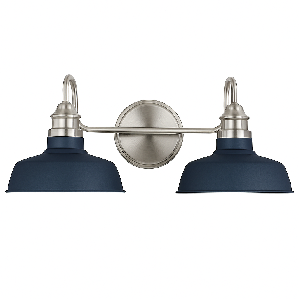 Hampton Bay Elmcroft 18.25 in. 2-Light Brushed Nickel Farmhouse Vanity with Cobalt Blue Metal Shades