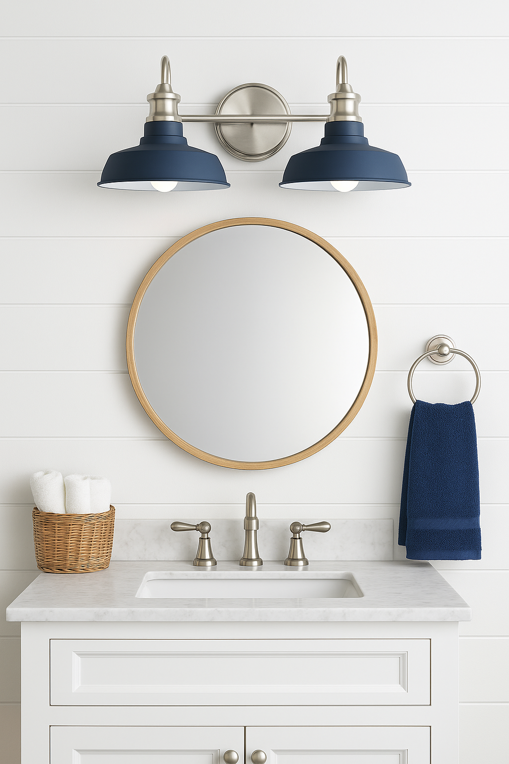 Hampton Bay Elmcroft 18.25 in. 2-Light Brushed Nickel Farmhouse Vanity with Cobalt Blue Metal Shades