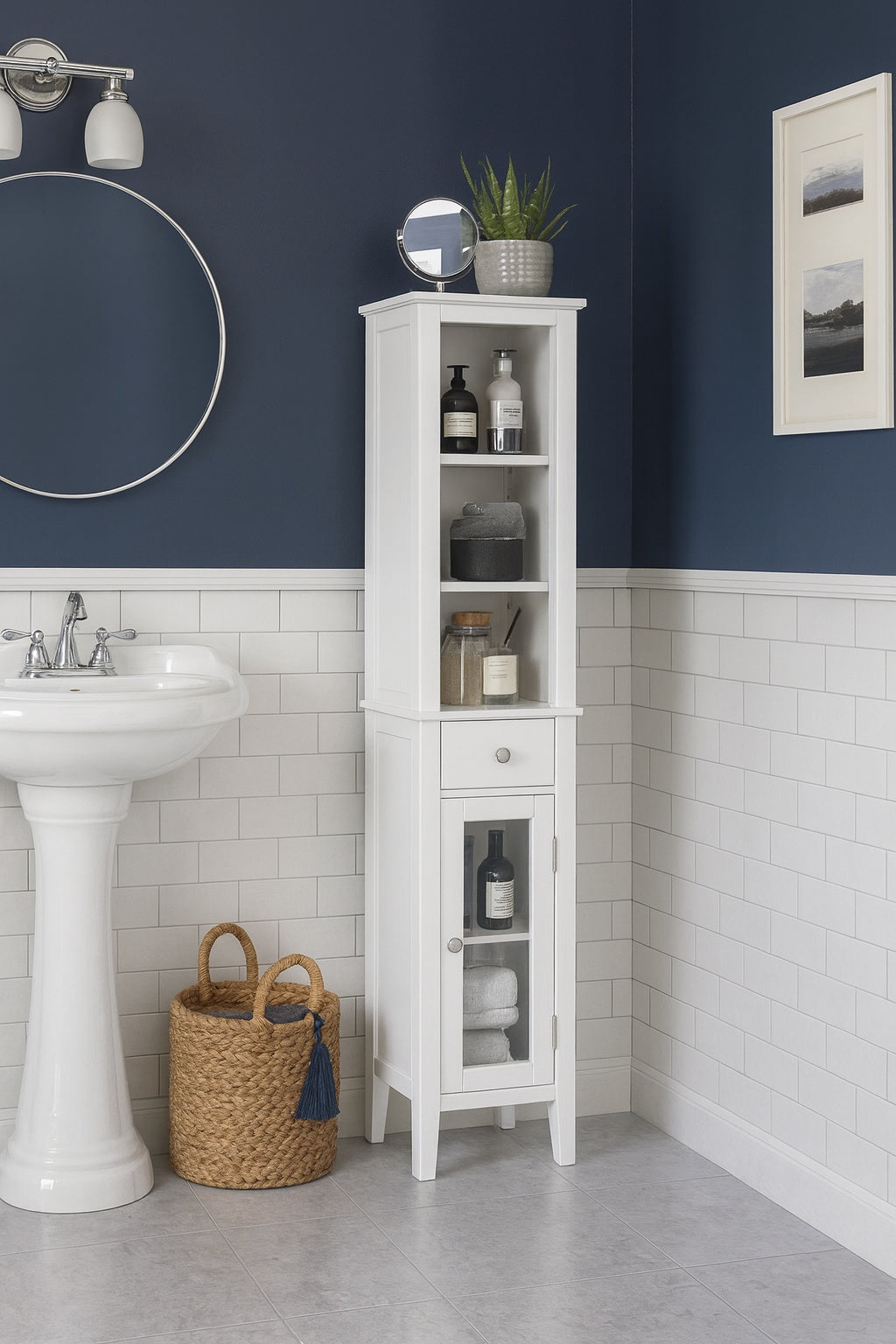 RiverRidge Home Prescott 11.75 in. W x 60 in. H x 13 in. D White Linen Cabinet Tall Bathroom Storage and Organizer with Drawer