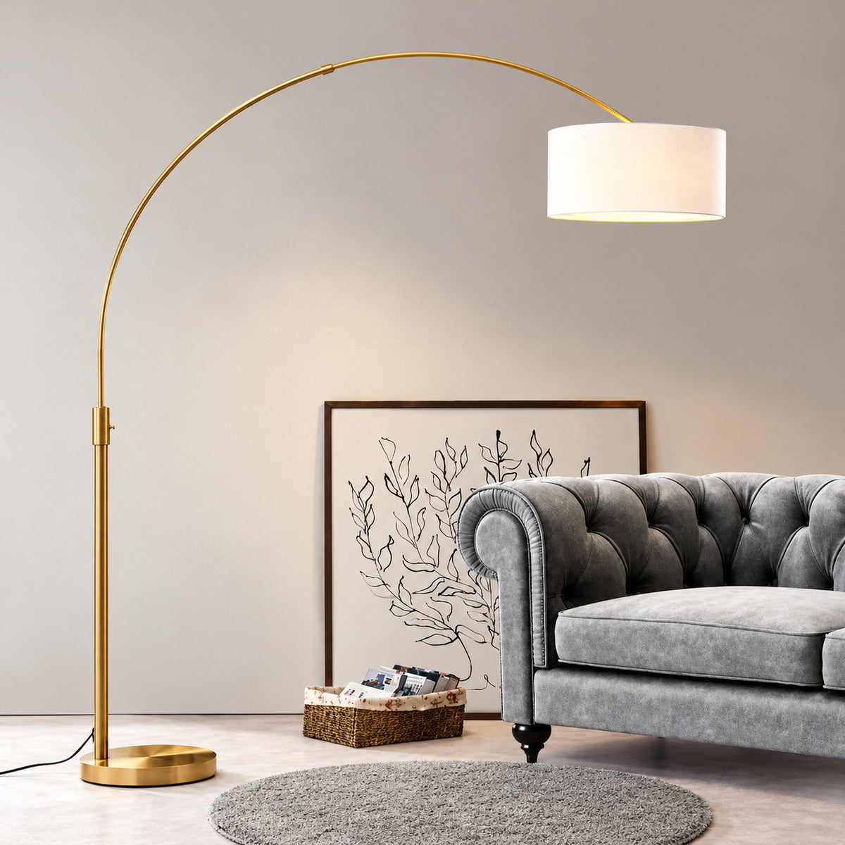 HomeGlam Orbita 82 in Antique Brass Furnish LED Dimmable Retractable Arch Floor Lamp Bulb Included with Drum White Shade HL6013 AB DWH