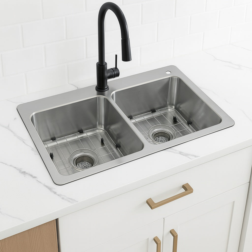 Bratten 33 in. Drop-In 50/50 Double Bowl 18 Gauge Stainless Steel Kitchen Sink with Accessories