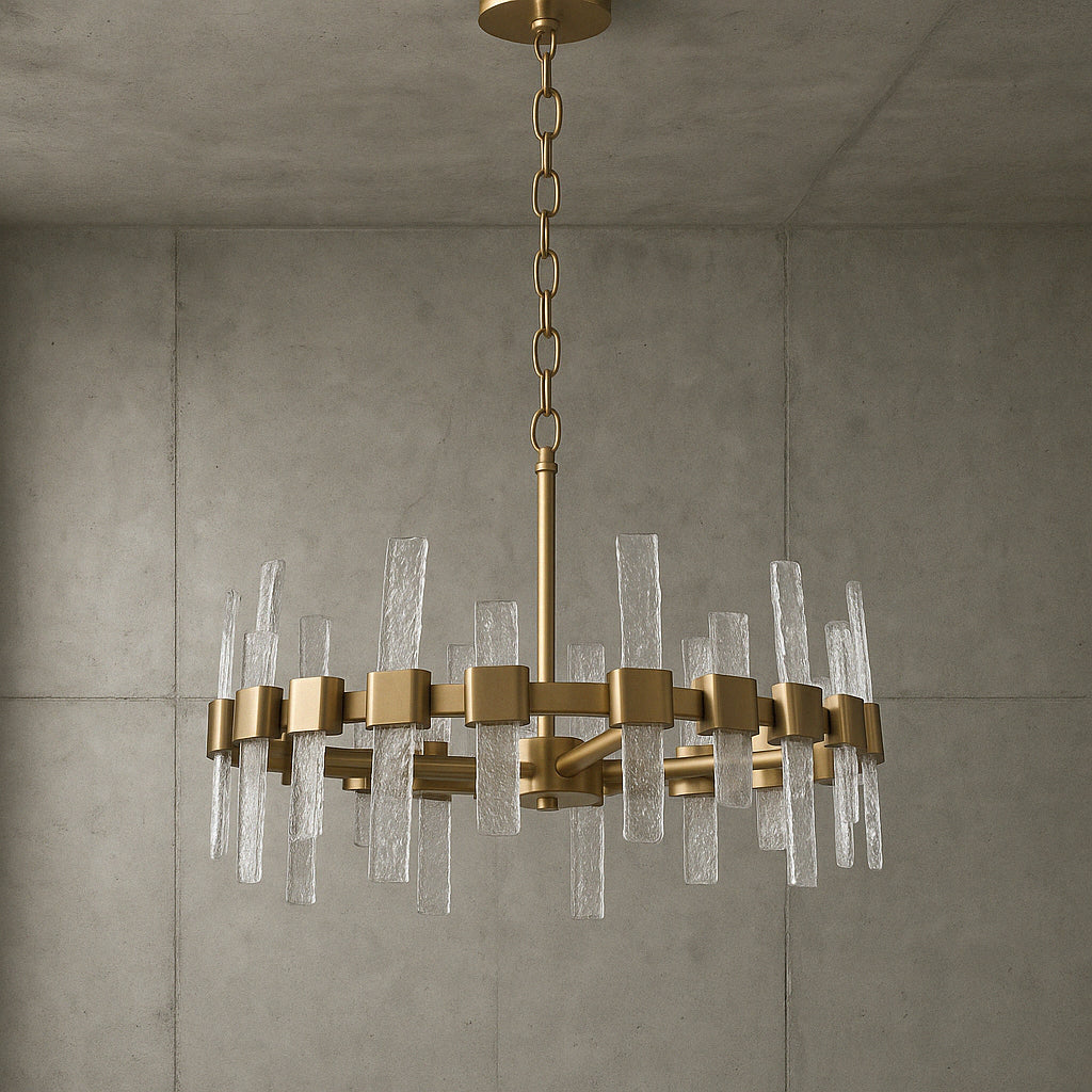 Uolfin Mid-Century Modern Gold Kitchen Island Chandelier, 6-Light Glam Dining Room Ceiling Light with Icing Glass Strips