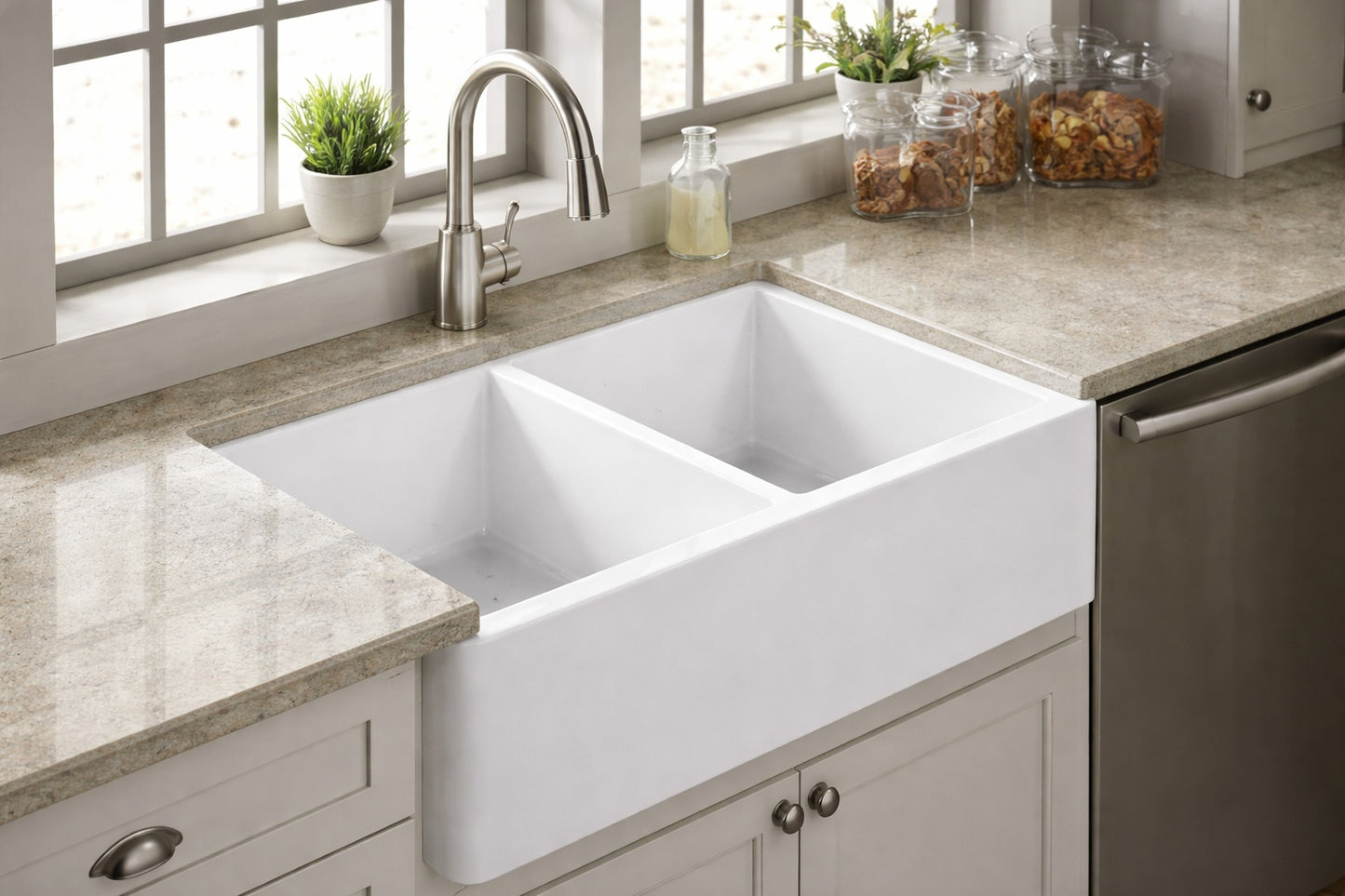SINKOLOGY Turner 33 in Farmhouse Apron Front Undermount Double Bowl Crisp White Fireclay Kitchen Sink