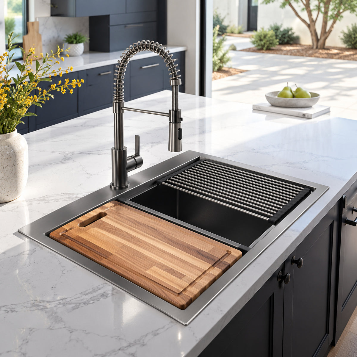Glacier Bay 30 in Drop In Single Bowl 18 Gauge Gunmetal Black Stainless Steel Workstation Kitchen Sink with Black Spring Neck Faucet ACS3022A1T FW