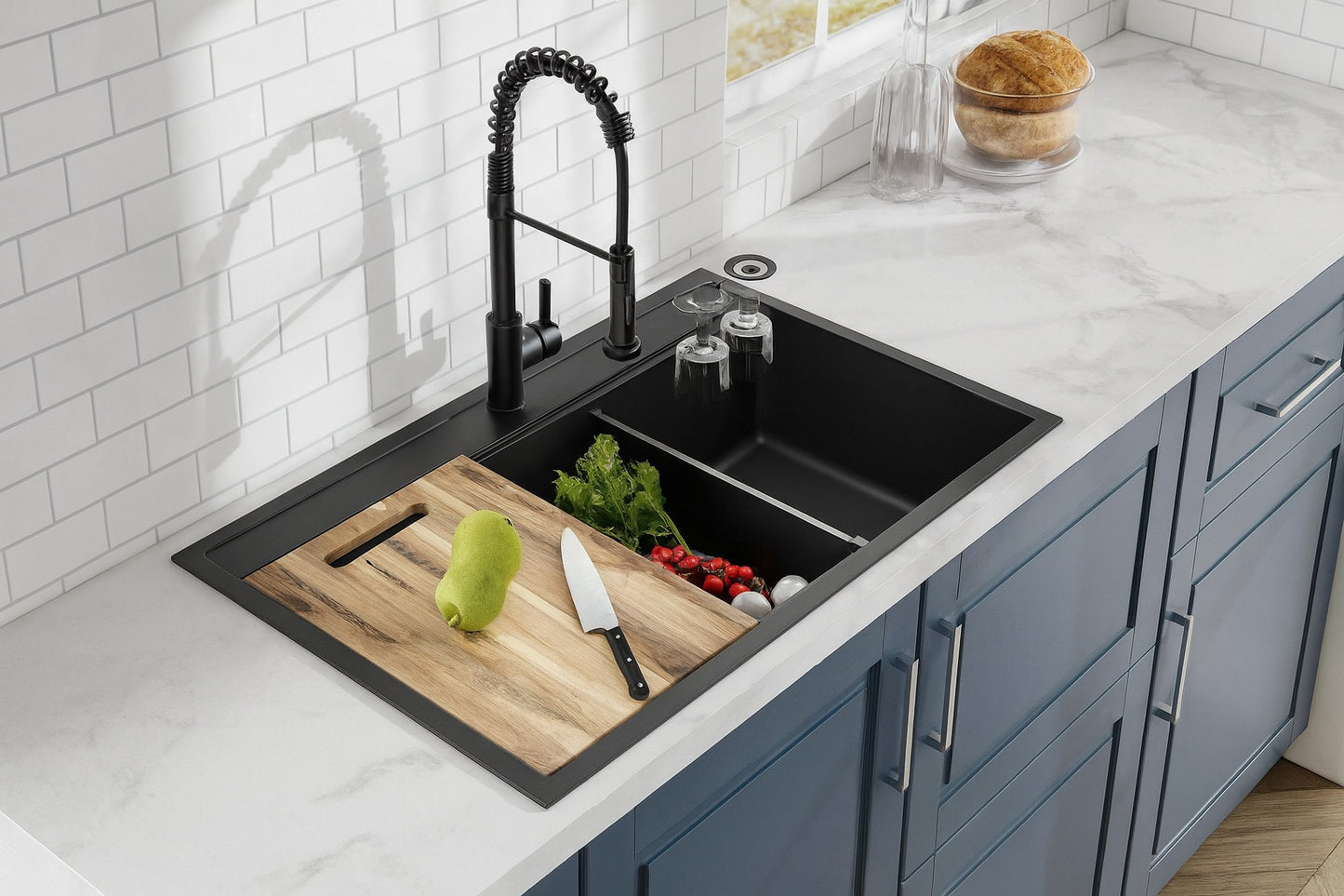 Glacier Bay 33 in Drop-In Double Bowl 18 Gauge Gunmetal Black Stainless Steel Workstation Kitchen Sink with Black Spring Neck Faucet