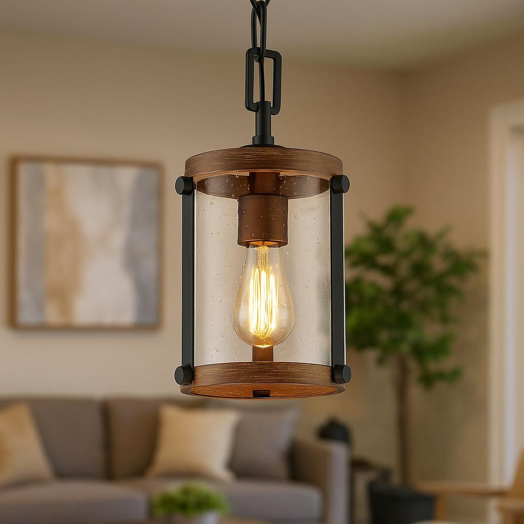 LNC Modern Farmhouse Brown Chandelier 1 Light Black Drum Mini Island Pendant light with Seeded Glass Shades 3IQUQNHD13508M6/317894726 810078492955 LNC