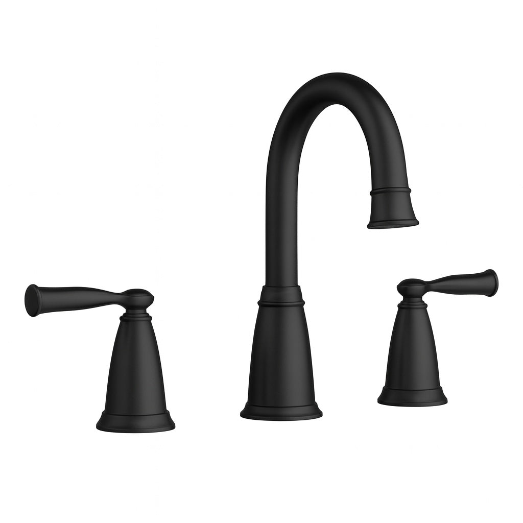 Banbury 8 in. Widespread Double-Handle High-Arc Bathroom Faucet with Drain Kit and Valve Included in Matte Black