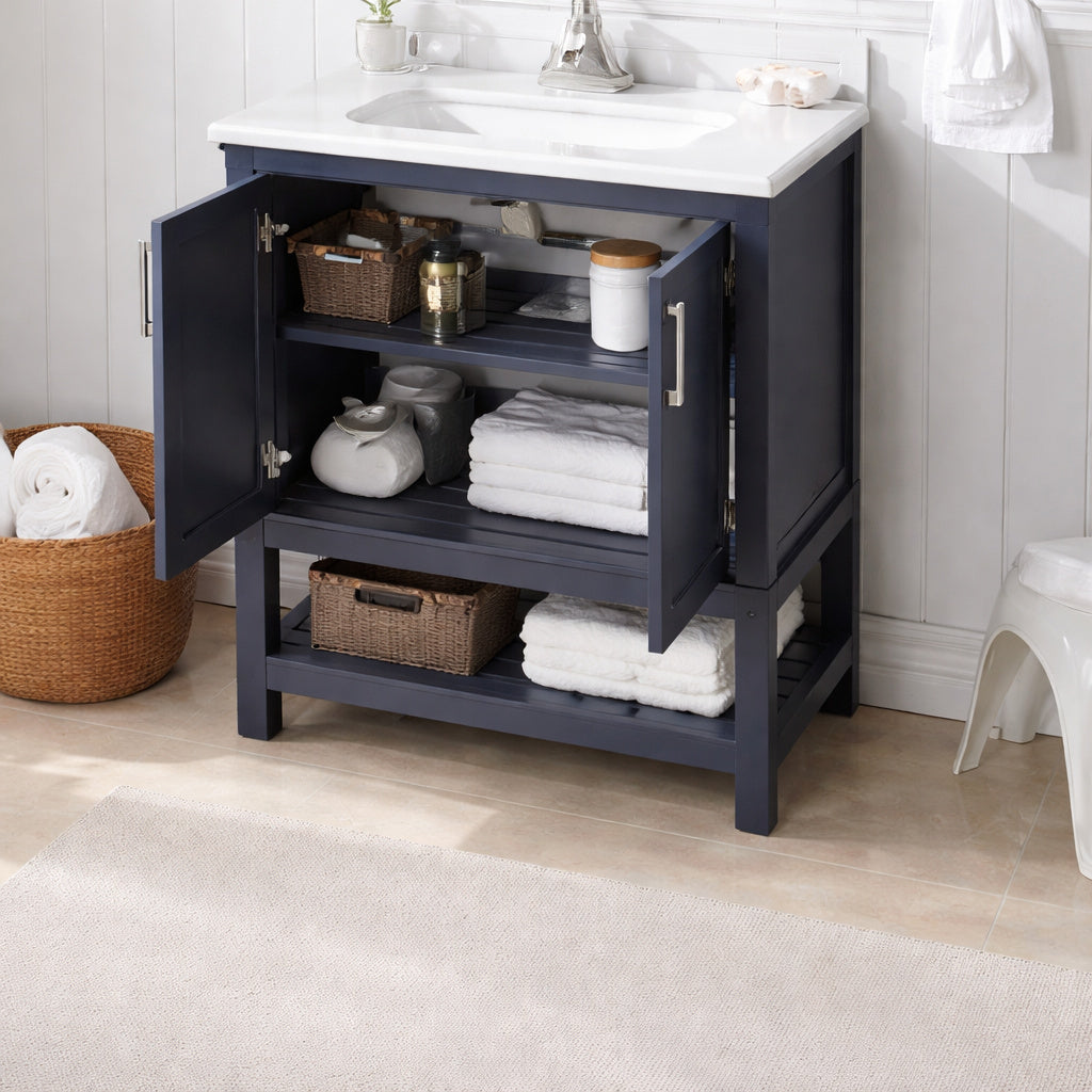 Tupelo 30 in. Single Sink Midnight Blue Bath Vanity with White Engineered StoTupelo 30 in. Single Sink Midnight Blue Bath Vanity with White Engineered Stone Top (Assembled)ne Top (Assembled)