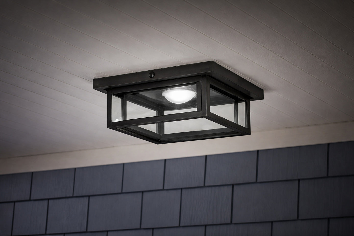 Home Decorators Collection Mauvo Canyon 12 in Black Dusk to Dawn Integrated LED Outdoor Ceiling Light Flush Mount Fixture with Seeded Glass