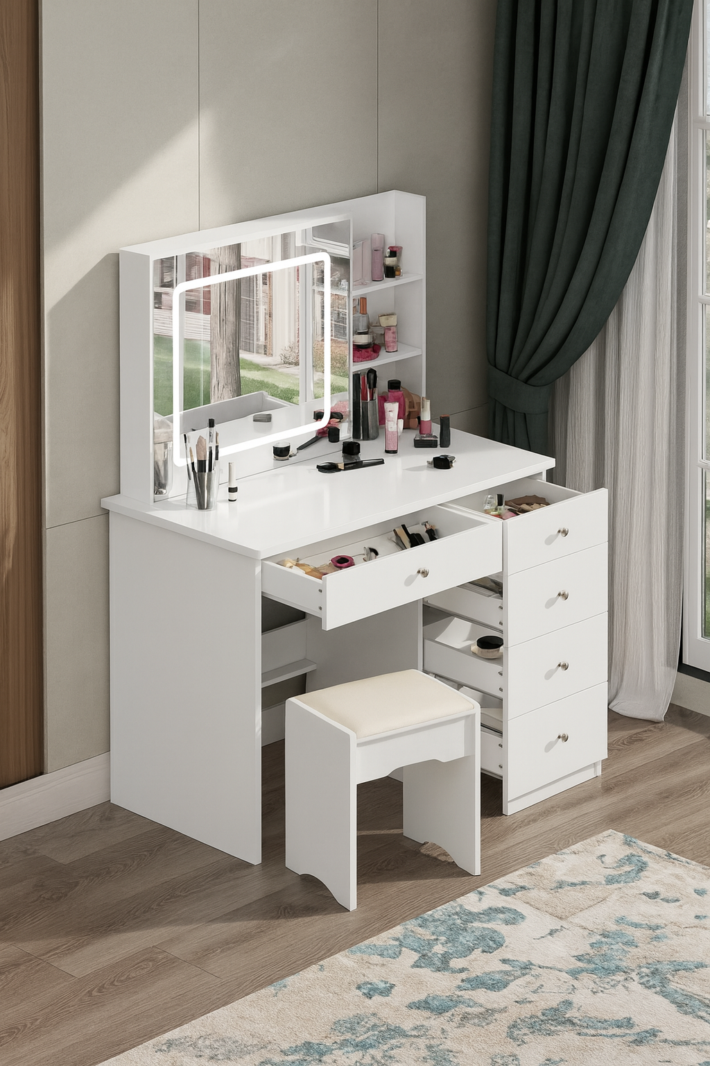 FUFU&GAGA 5-Drawers White Wood LED Push-Pull Mirror Makeup Vanity Sets Dressing Table Sets with Stool and 3-Tier Storage Shelves