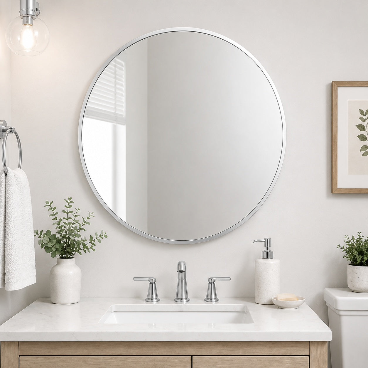 Home Decorators Collection Mona 24 in W x 24 in H Round Stainless Steel Framed Wall Bathroom Vanity Mirror in Brushed Nickel