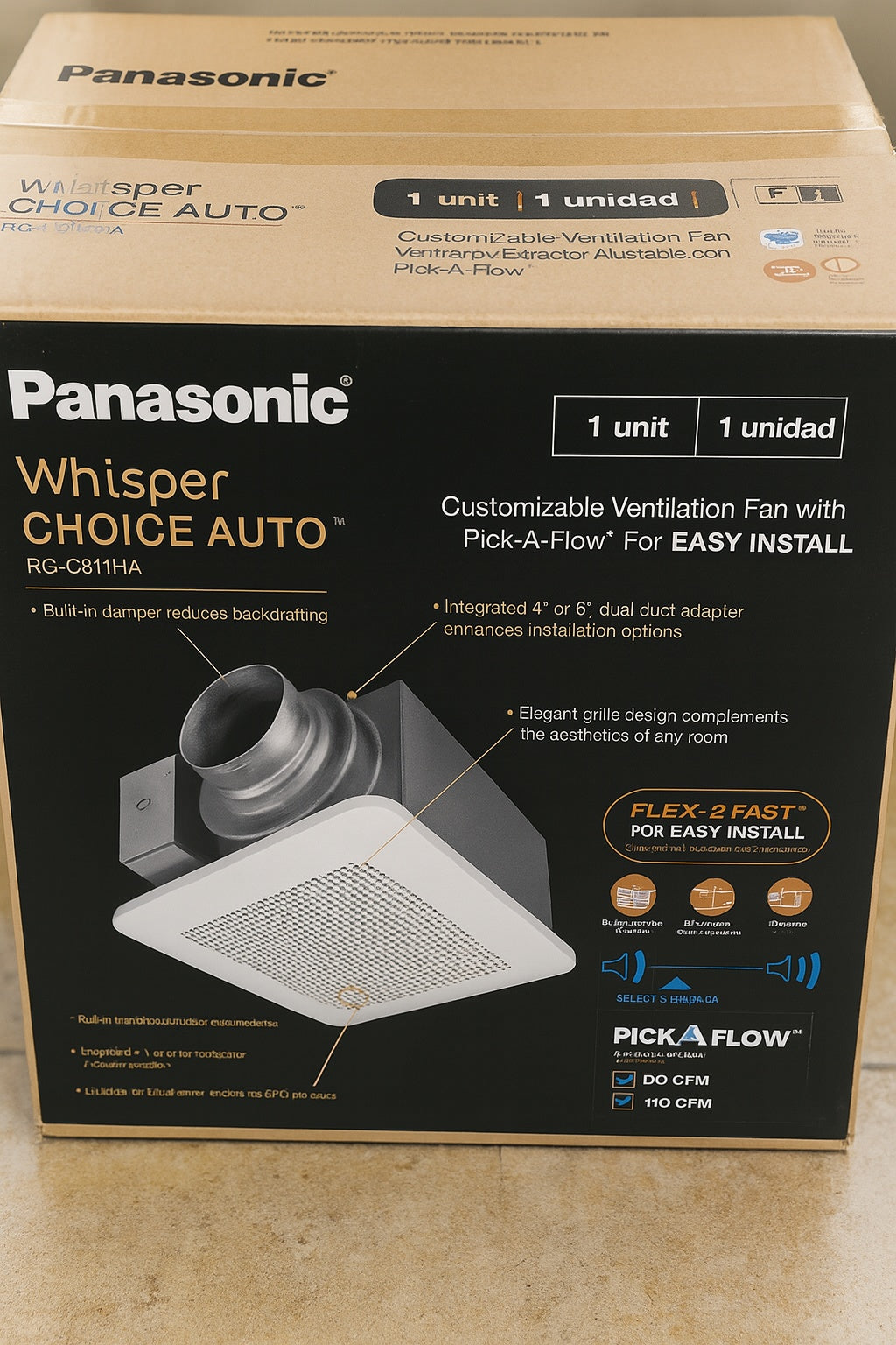 Panasonic Whisper Choice Auto DC Pick-A-Flow 80/110 CFM Ceiling Bathroom Exhaust Fan with Humidity Sense and Flex-Z Fast Bracket