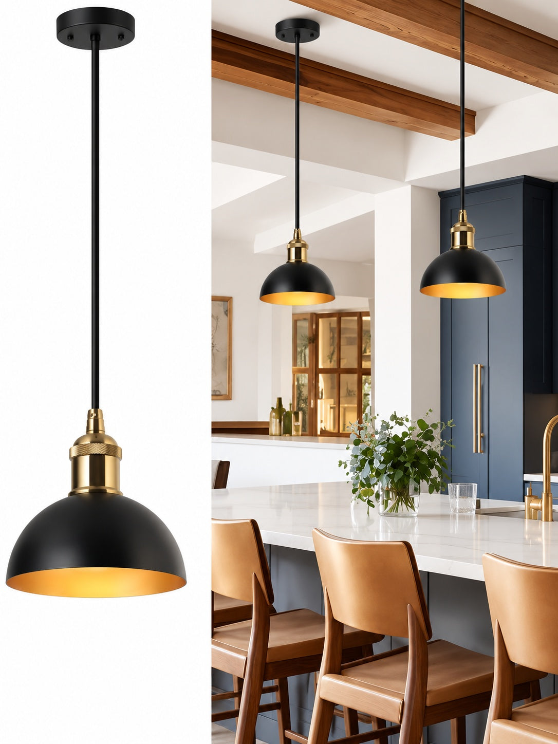 Zevni Modern 6 in 1 Light Black Pendant Light Fixture Brass Gold Dome Kitchen Island Pendant Lights Linear Pendant Lighting