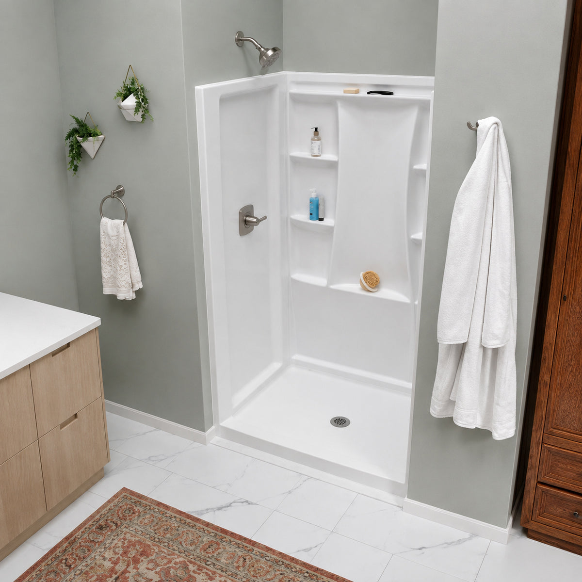 Delta Classic 500 48 in W x 73 25 in H x 34 in D 3 Piece Direct to Stud Alcove Shower Surrounds in High Gloss White B12205 4834 WH