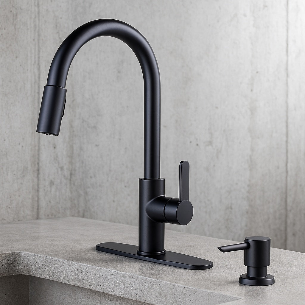 Paulina Single-Handle Pull-Down Sprayer Kitchen Faucet with TurboSpray, FastMount, Soap Dispenser in Matte Black