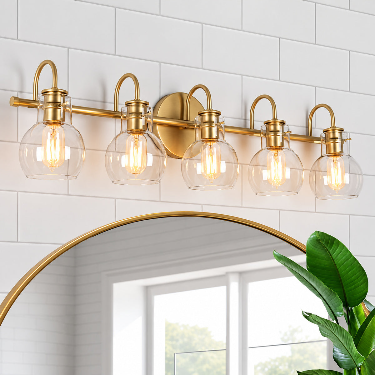 LNC Modern Light Gold Vanity Light 35 5 in 5 Light Bathroom Power Room Light with Globe Clear Glass Shades 7B32U2HD169W5S8