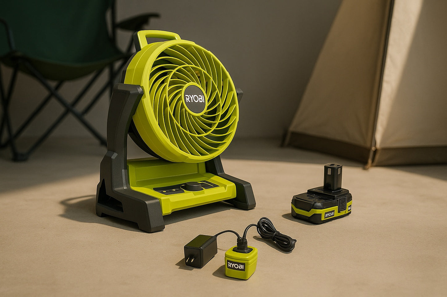 RYOBI ONE+ 18V Cordless 7-1/2 in. Bucket Top Misting Fan Kit with 1.5 Ah Battery and Charger