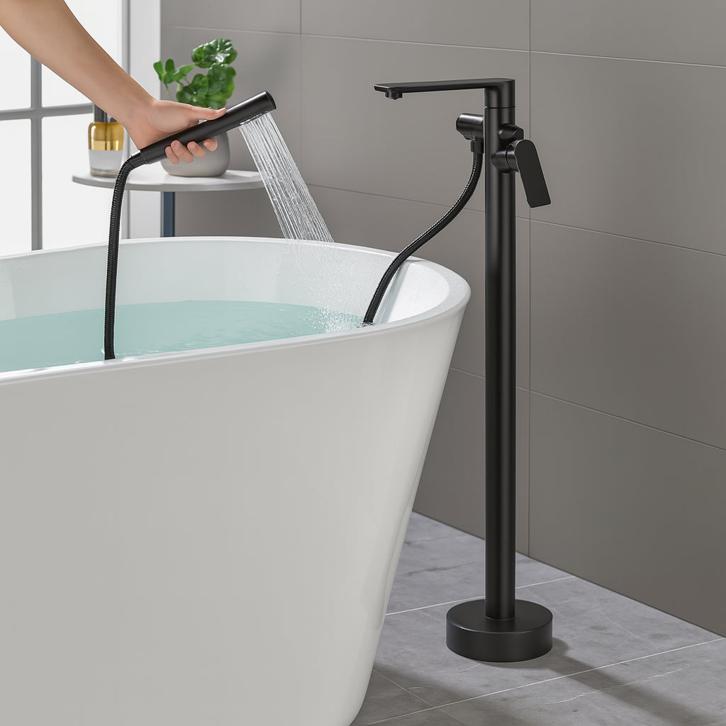 Kafir Singe Handle Floor Mount Freestanding Bathtub Faucet Filer with Hand Shower in Matte Black